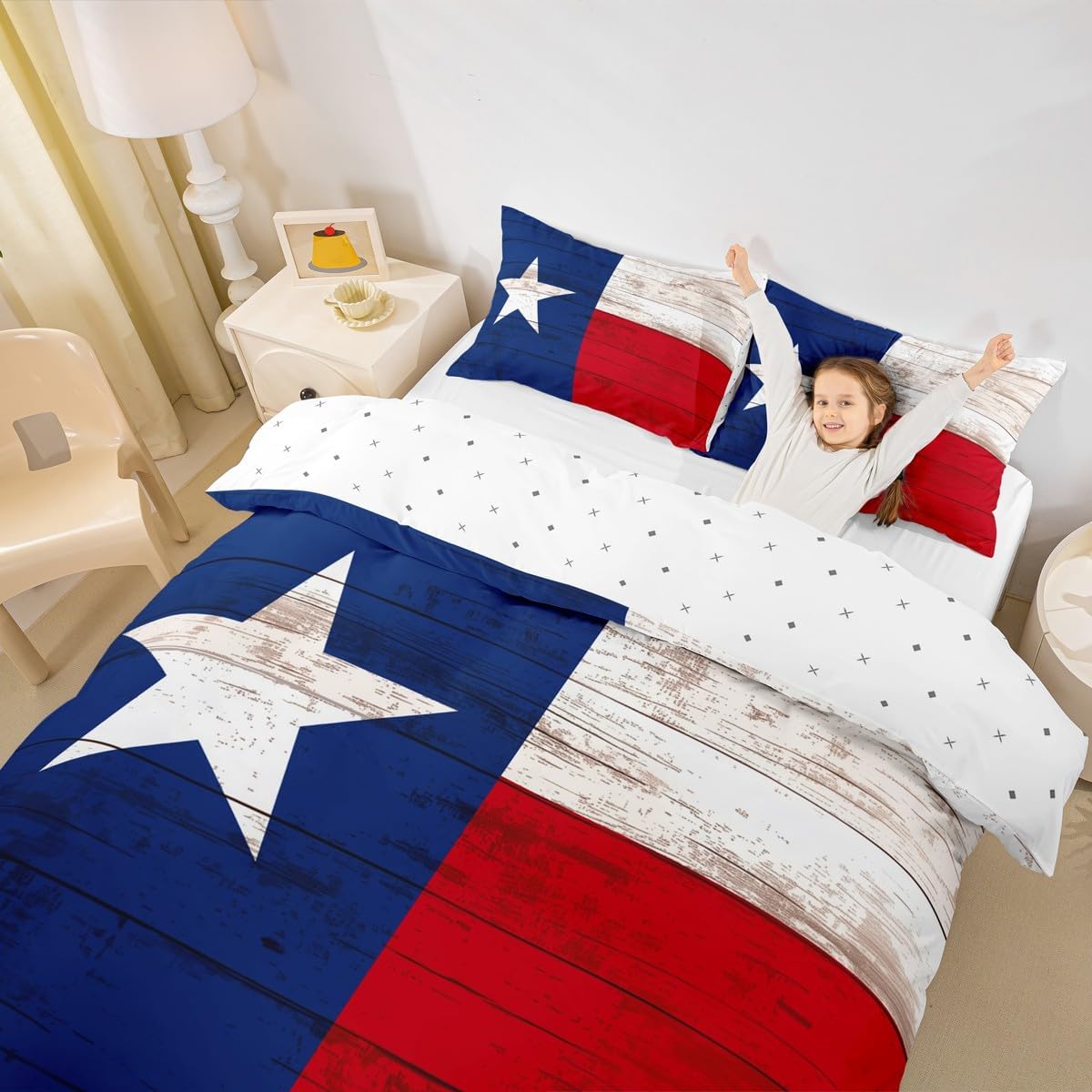 Erosebridal Western Texas Star Bedding Set Retro Vintage American Flag Comforter Cover Cowboys Gifts for Women,Patchwork White Red and Blue Duvet Cover Queen,Grunge Stars and Stripes Farmhouse Decor