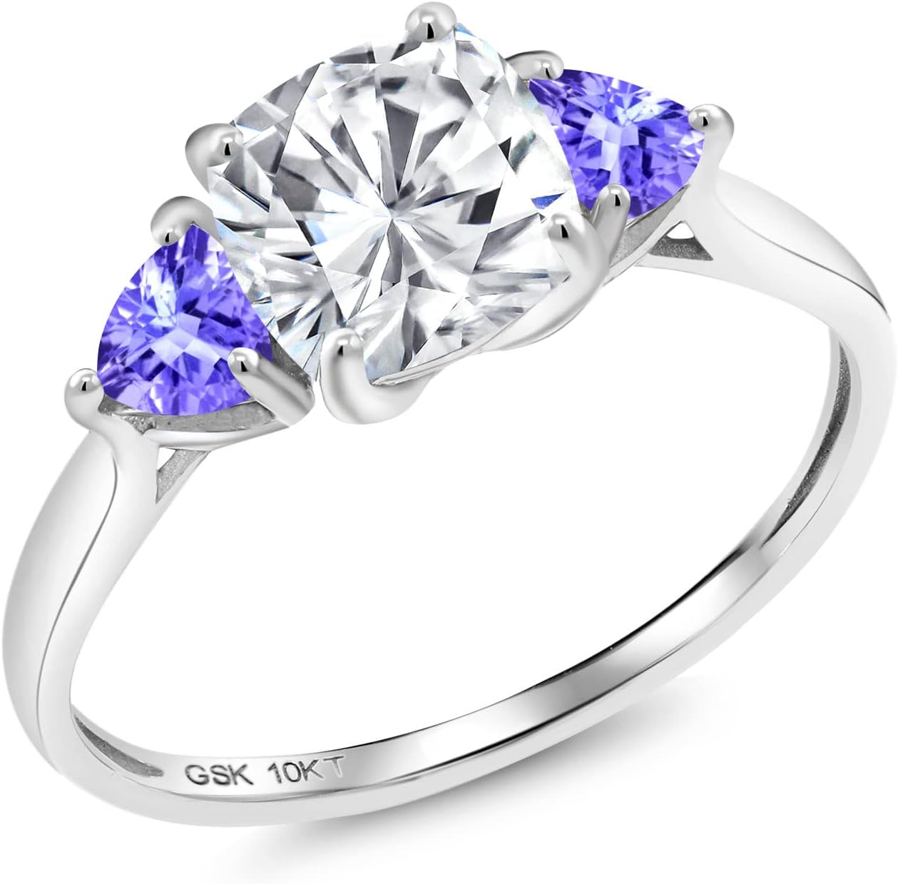 Gem Stone King 10K White Gold White Moissanite and Blue Tanzanite 3-Stone Engagement Ring For Women (2.12 Cttw, 7MM Cushion and 4MM Trillion)