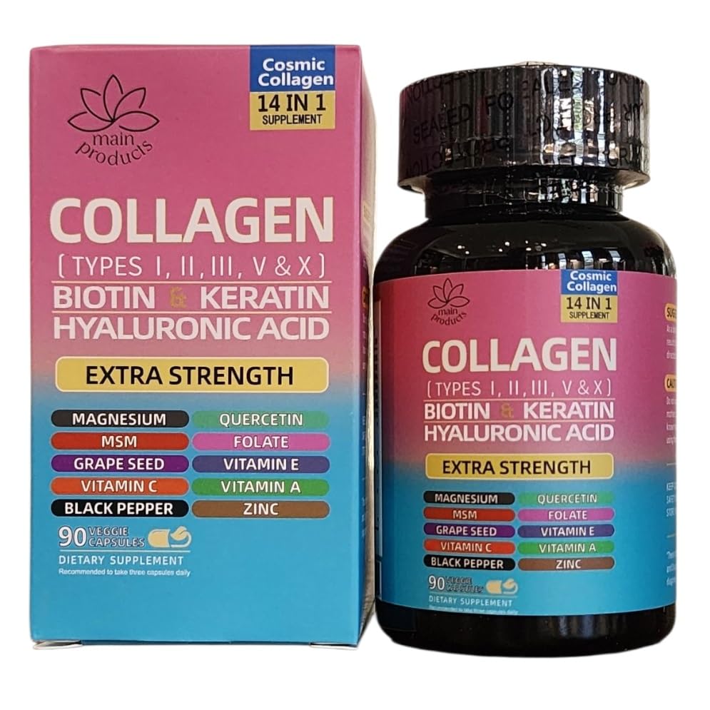 Collagen Peptides Types I, II, III, V & X, 64000 MCG, 14 in 1, Biotin, Keratin, Hyaluronic Acid, Magnesium...