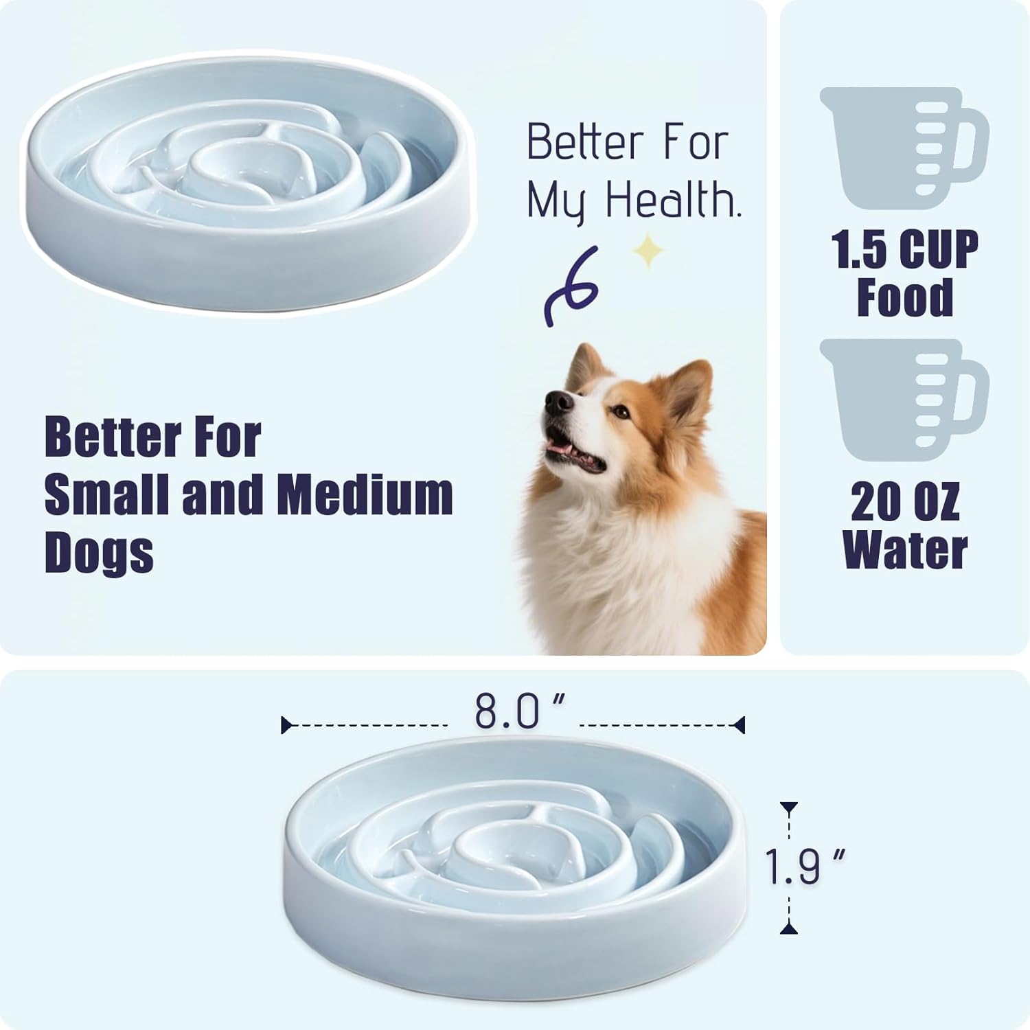 Ceramic Slow Feeder Dog Bowl,1.5 Cups Pet Slow Feeder for Small and Medium Breed,Puzzle Dog Food Dish,Anti-Gulping,Stop Bloat,Preventing Choking(Blue) - Image 2