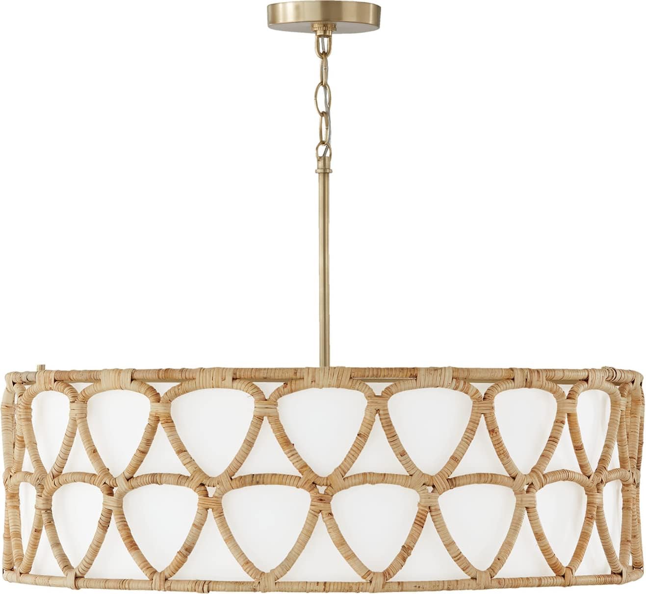 Capital Lighting 347242MA Tulum Natural Handcrafted Rattan White Linen Drum Pendant Ceiling Light Fixture, 4-Light 400 Total Watts, 20"H x 28"W, Matte Brass
