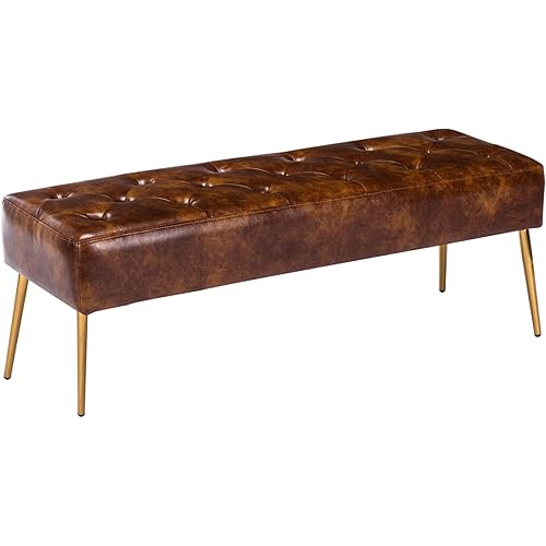 DUHOME Button-Tufted Ottoman Bench, Upholstered Bedroom Benches with Gold Legs Faux Leather Bench for Entryway Dining Room Living Room Bedroom End of Bed, Yellowish Brown