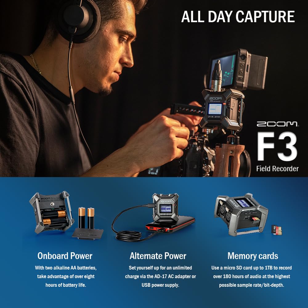 Zoom F3 Professional Field Recorder, 32-bit Float Recording, Dual A/D Converters, 2 XLR/TRS Inputs with Rechargeable Batteries, 2 XLR Cables, 64GB MicroSD & Headphone w/Built-In Microphone - Image 3
