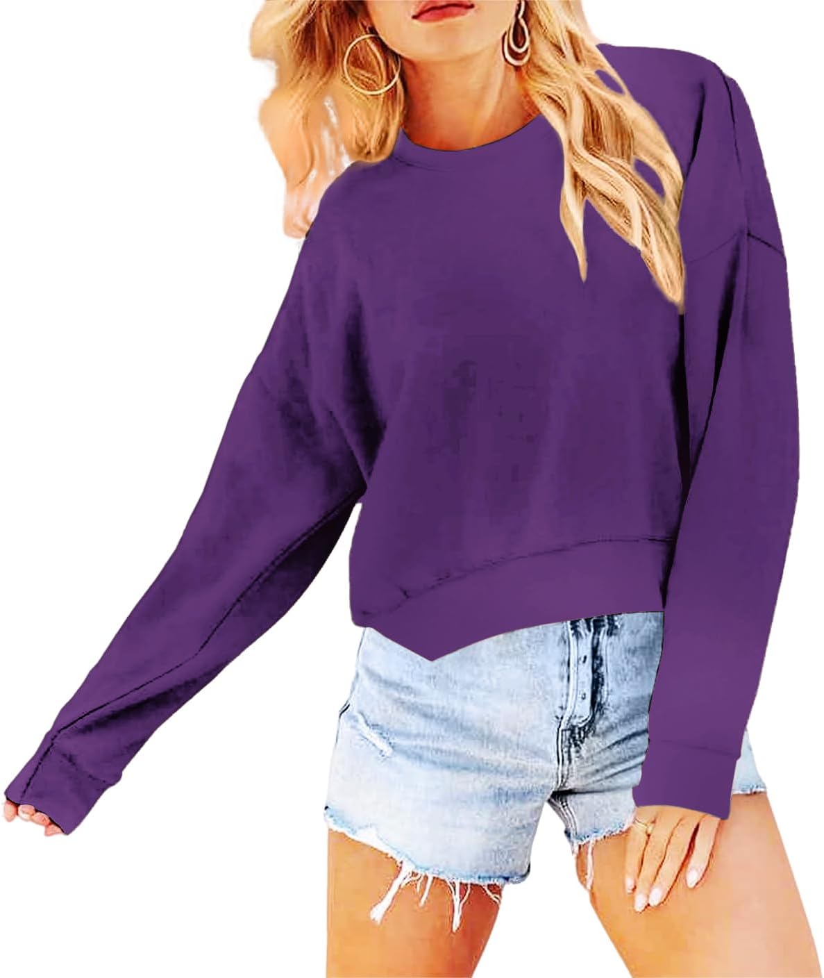 Women's Long Sleeve Round Neck Cropped Sweatshirts Cute Loose Fit Pullover Tops