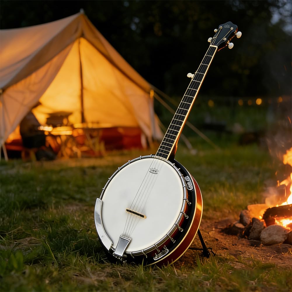 Banjo mit 5 Saiten, 96,5 cm, Full-Size Anfänger-Banjo-Set mit Remo-Kopf und geschlossener Rückseite, 24 Halterungen, inklusive Gigbag, Gurt, Fingerplektren, extra Saiten