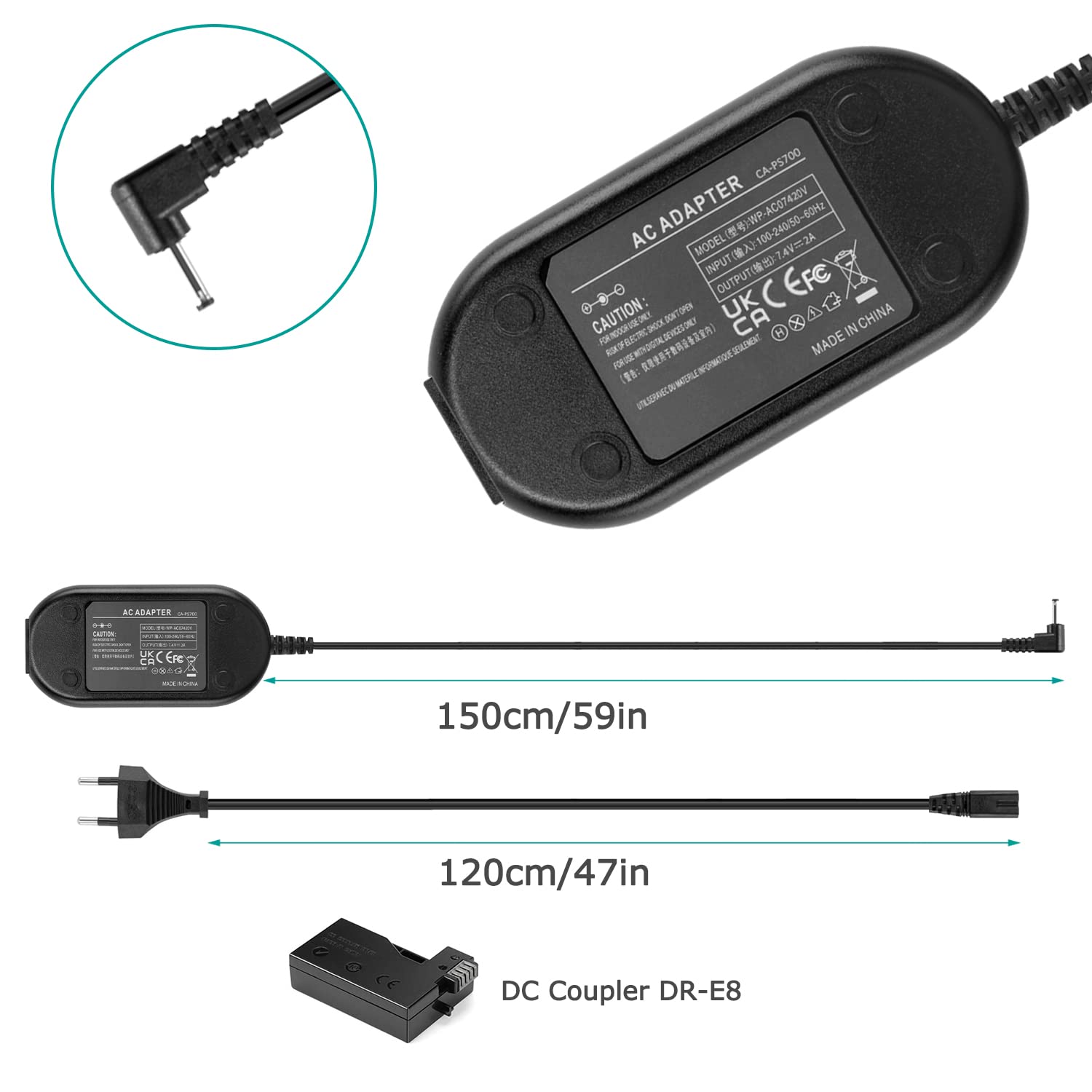 ACK-E8 Adattatore di alimentazione CA DR-E8 Accoppiatore CC LP-E8 Batteria fittizia per Canon EOS 550D 600D 650D 700D Rebel T2i T3i T4i Kiss X4 X5 X6i Fotocamere