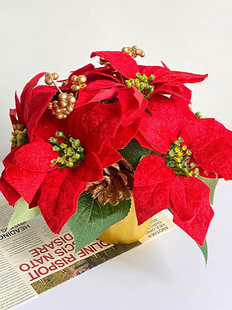 Planta de Pascua roja de Navidad en maceta, 7 cabezas de flores de Pascua artificiales en maceta dorada, arreglos de Pascua falsos para decoración de fiestas en el hogar, oficina, jardín (#1)