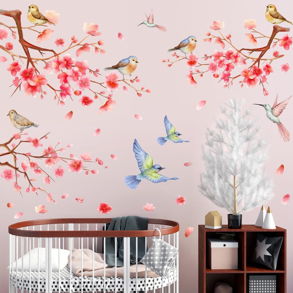 Vinilo decorativo rama diagonal rosa con aves miniatura 1