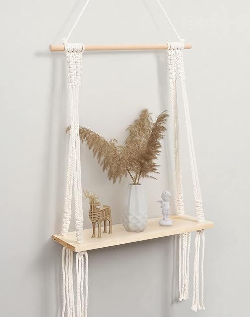 Petrala Hanging Floating Shelves Wood Wall Hanging Shelf Boho Macrame Shelf, Decoration Bohemian Floating Shelf Hand Woven Tassel Chic Floating Shelf for Living Room Bedroom Bathroom Balcony Hallway