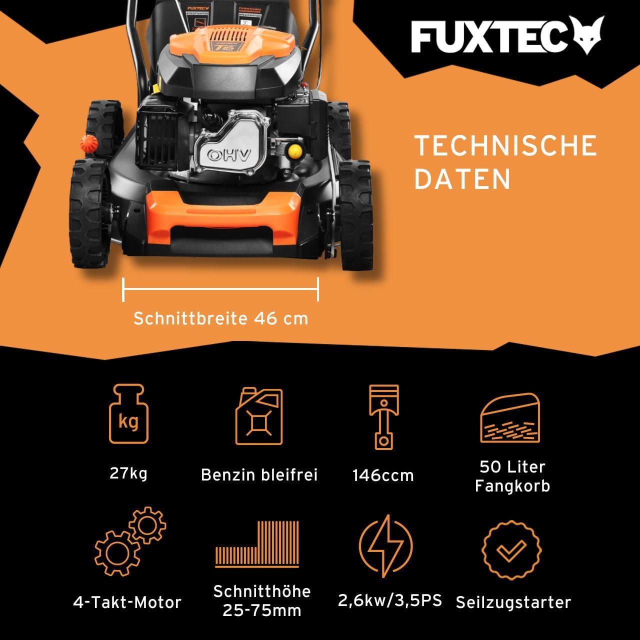 FUXTEC 3in1 Benzin Rasenmäher FX-RM4646ECO • 3,5PS 2,6kW 4-Takt Motor 146ccm • 46cm Schnittbreite 7 Stufen 25–75mm • 50L Fangkorb • Mulchfunktion & Heckauswurf • Leichtgewicht 27kg