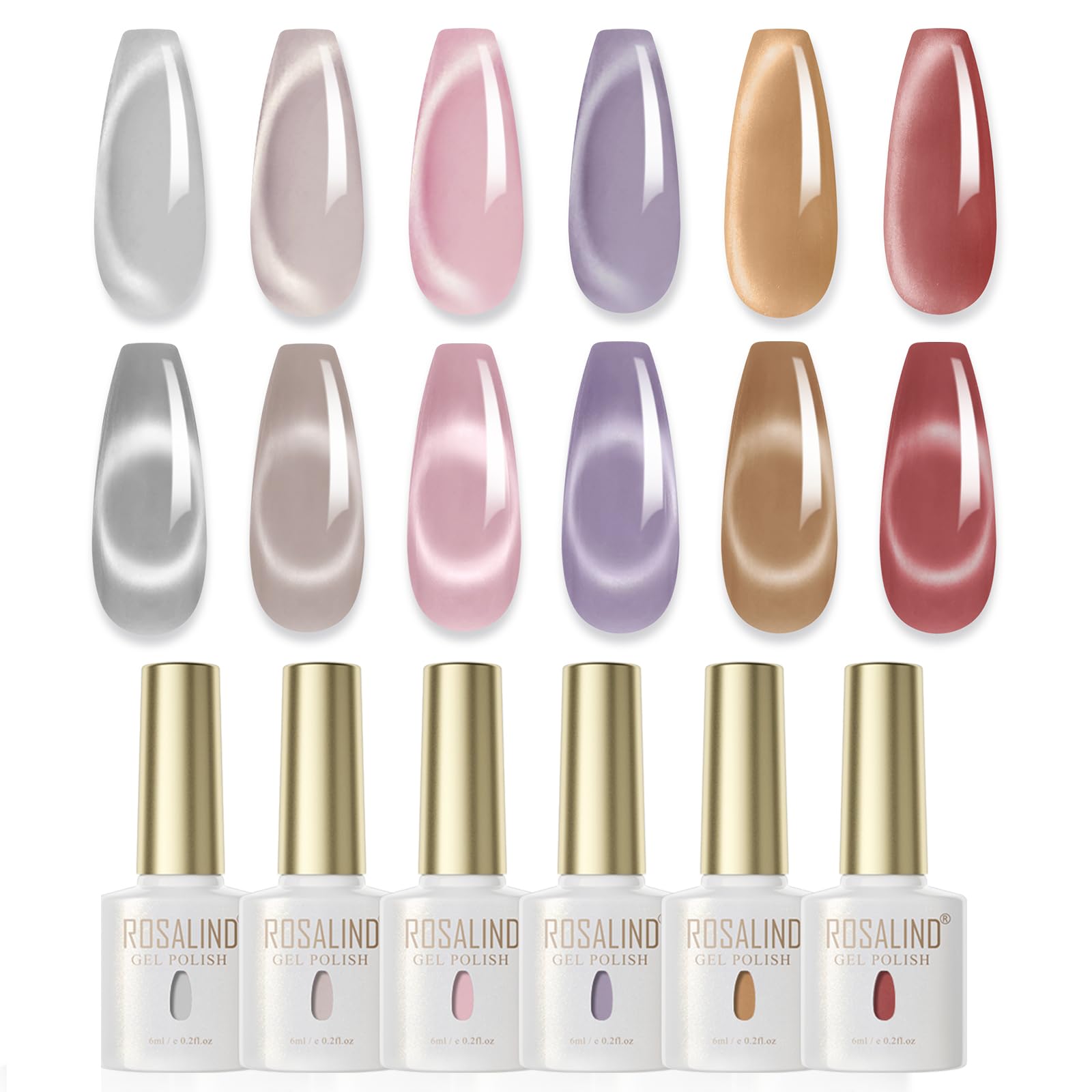 ROSALIND Smalto Semipermanente Unghie Magnetico, 6 Colori Grigio Rosa Viola Rosso Jelly Crystal Cat Eye Smalti Semipermanenti per Unghie, Soak Off UV/LED Smalto Gel Cat Eye Manicure Regalo
