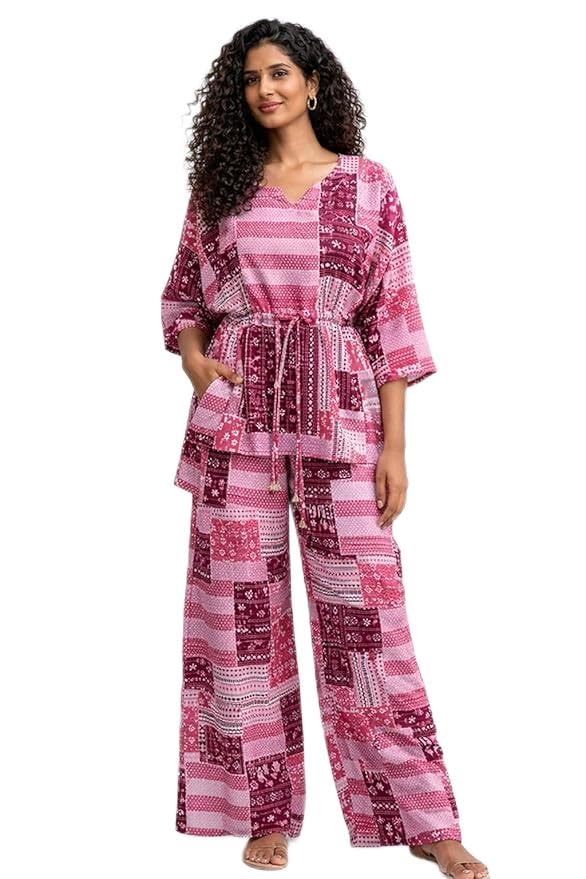 Cotton Printed Kaftan Co-Ord Set | Loose Fit Kaftan Top with Drawstring Waist & Wide Leg Pants | Co-Ord Set for Women-image-24