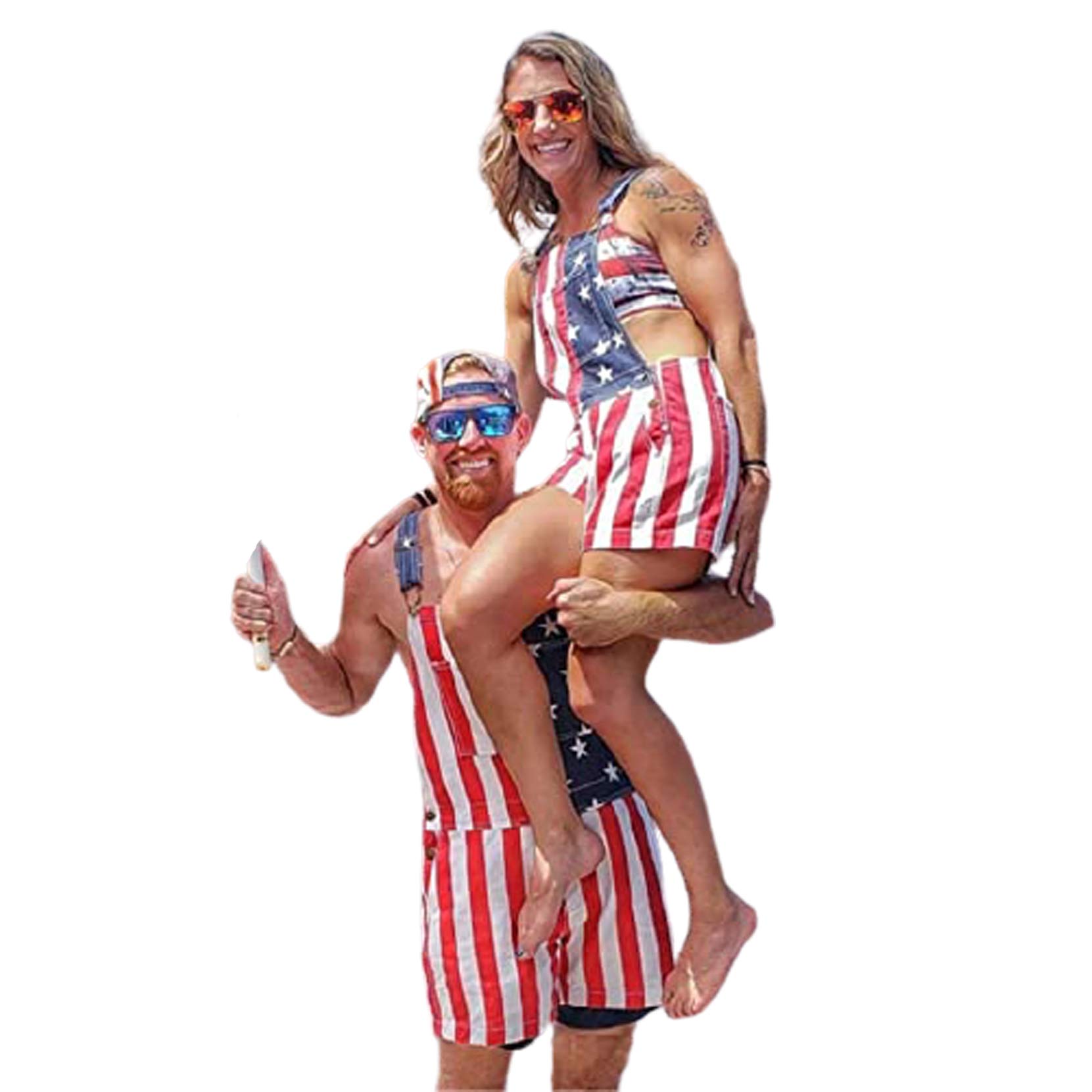 Women Men Adjustable Straps Overalls American Flag Denim Bib Shorts Jean Shorts Rompers with Pocket
