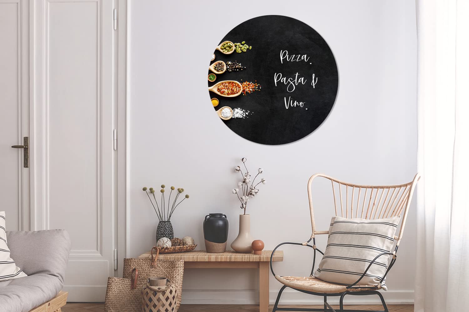 MuchoWow Wandbild Rund Wanddeko Deko Wohnzimmer Bilder 90x90 cm Pizza. Pasta und Wein. - Zitate - Lebensmittel - Gewürze - Sprichwörter