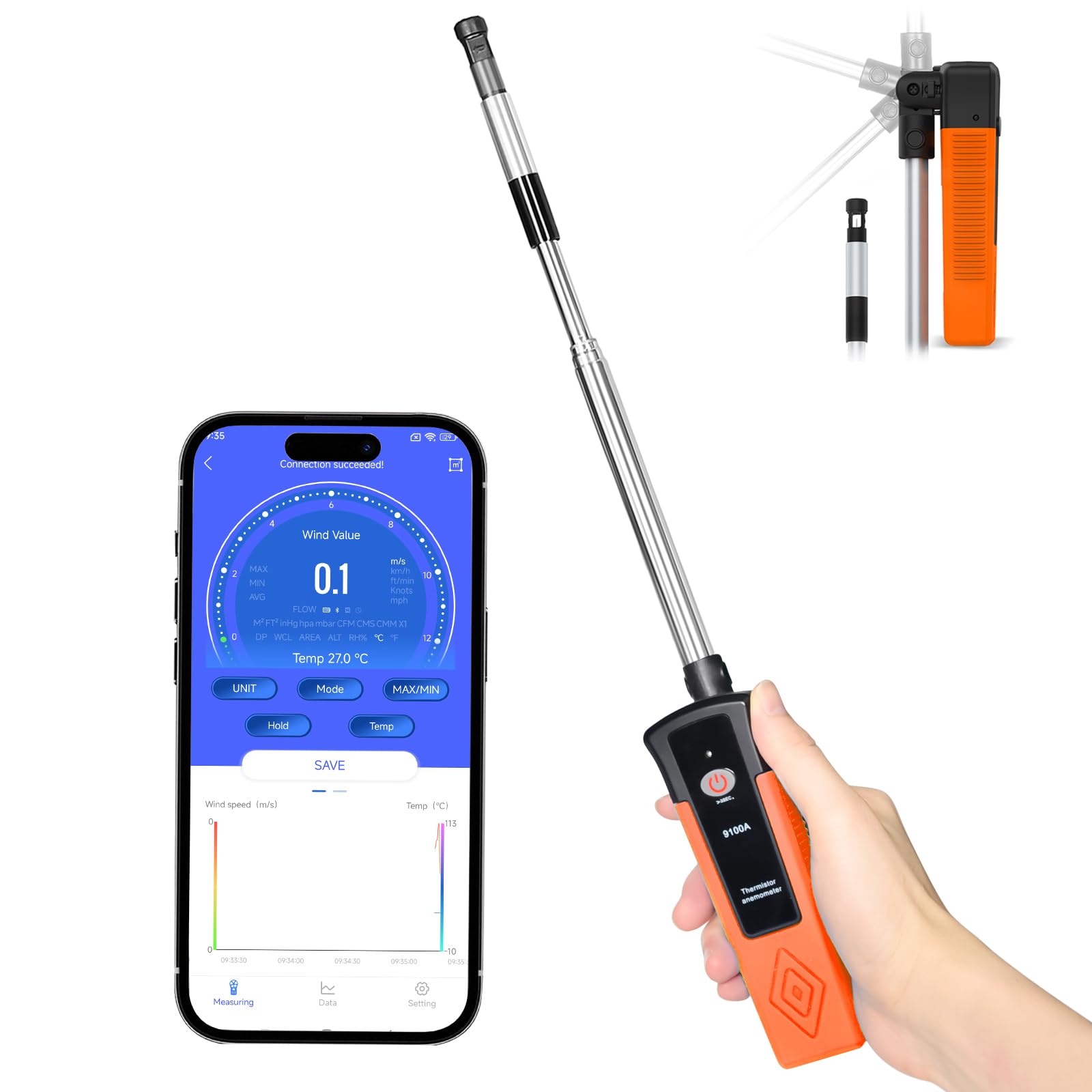 Thermal Anémomètre à fil chaud, XF-9100A CFM Débitmètre Bluetooth APP Connection, Anemometer extérieur avec sonde télescopique Wind Meter thermique pour CVC, drones, voile