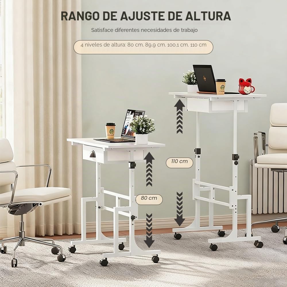 Escritorio Ajustable con Cajón de Tela y Ruedas | Altura regulable de 80 a 110 cm, Superficie de 81 × 40 cm, Blanco, 4 Niveles de Ajuste, Ideal para Trabajo y Estudio