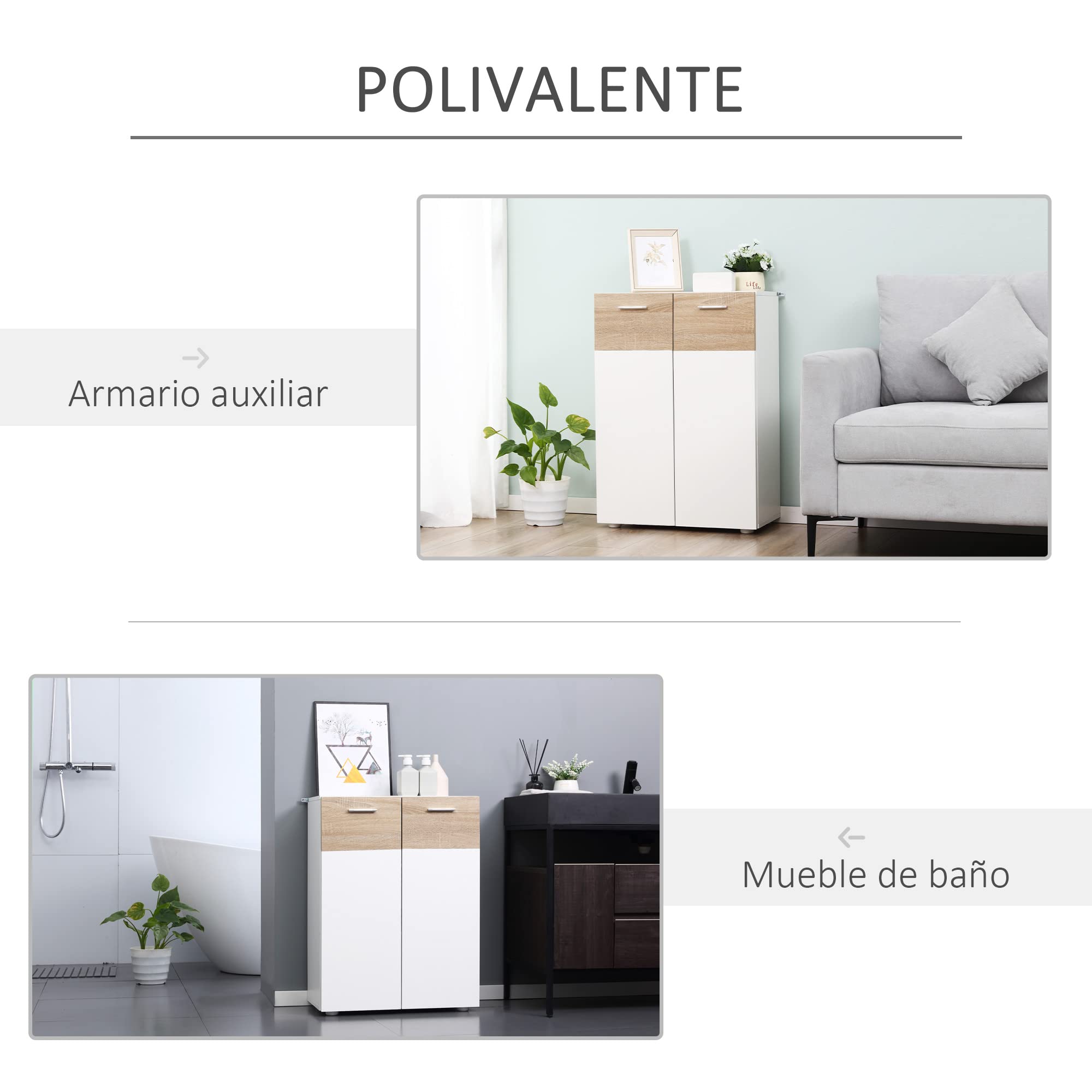 kleankin Armario de Suelo para Baño con 2 Puertas Madera 60x30x85 cm Blanco