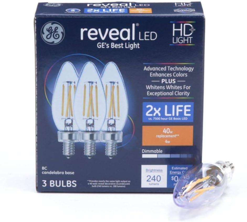 GE Reveal 40-Watt EQ B10 Color-Enhancing 42544 Dimmable Decorative Light Bulb (3-Pack) Candelabra Base (E12)