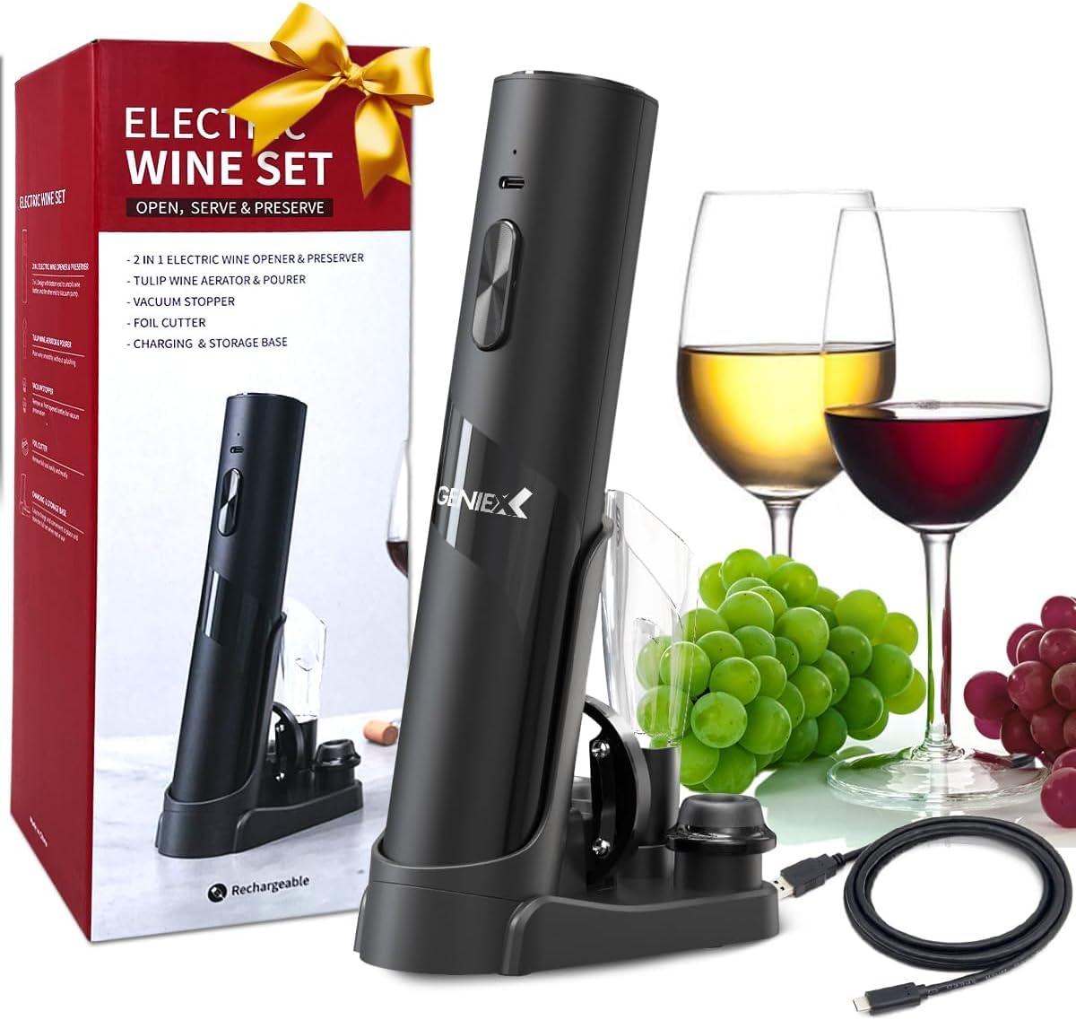 Abridor de vino eléctrico 6 en 1 con base de carga, parte inferior de sacacorchos automático + tapa automática de ahorro de vino | Regalo perfecto para vino