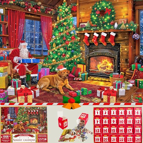 Puzzle Advent Calendar 2024 for Christmas, 1008PCS Holiday Advent Puzzles Calendar, 24 Days Countdown Advent Jigsaw Puzzle for Adults, Santa Puzzles Christmas Wall Decoration (27.56 x 19.68 Inch)