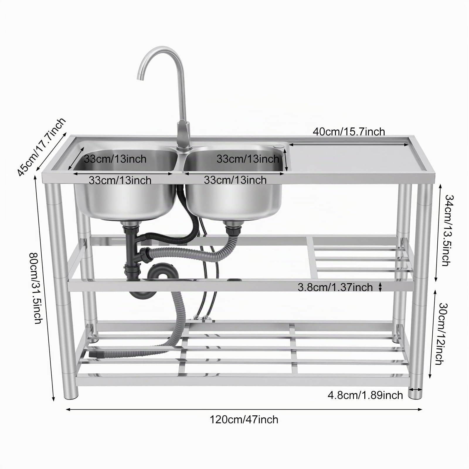 Lavabo indipendente in acciaio inox, doppia ciotola, mobile per catering, con ripiano, per uso commerciale, con rubinetto a freddo, per appartamenti, ristoranti, 120 x 45 x 80 cm