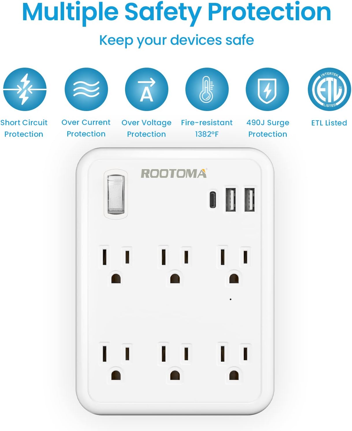 USB Wall Outlet Extender with On Off Switch, Surge Protector Outlet,6 AC Multi-Plug with 3 USB Ports (1 USB C), 490 Joules, Flat Socket Splitter with Spaced Outlet for Home, Office, College