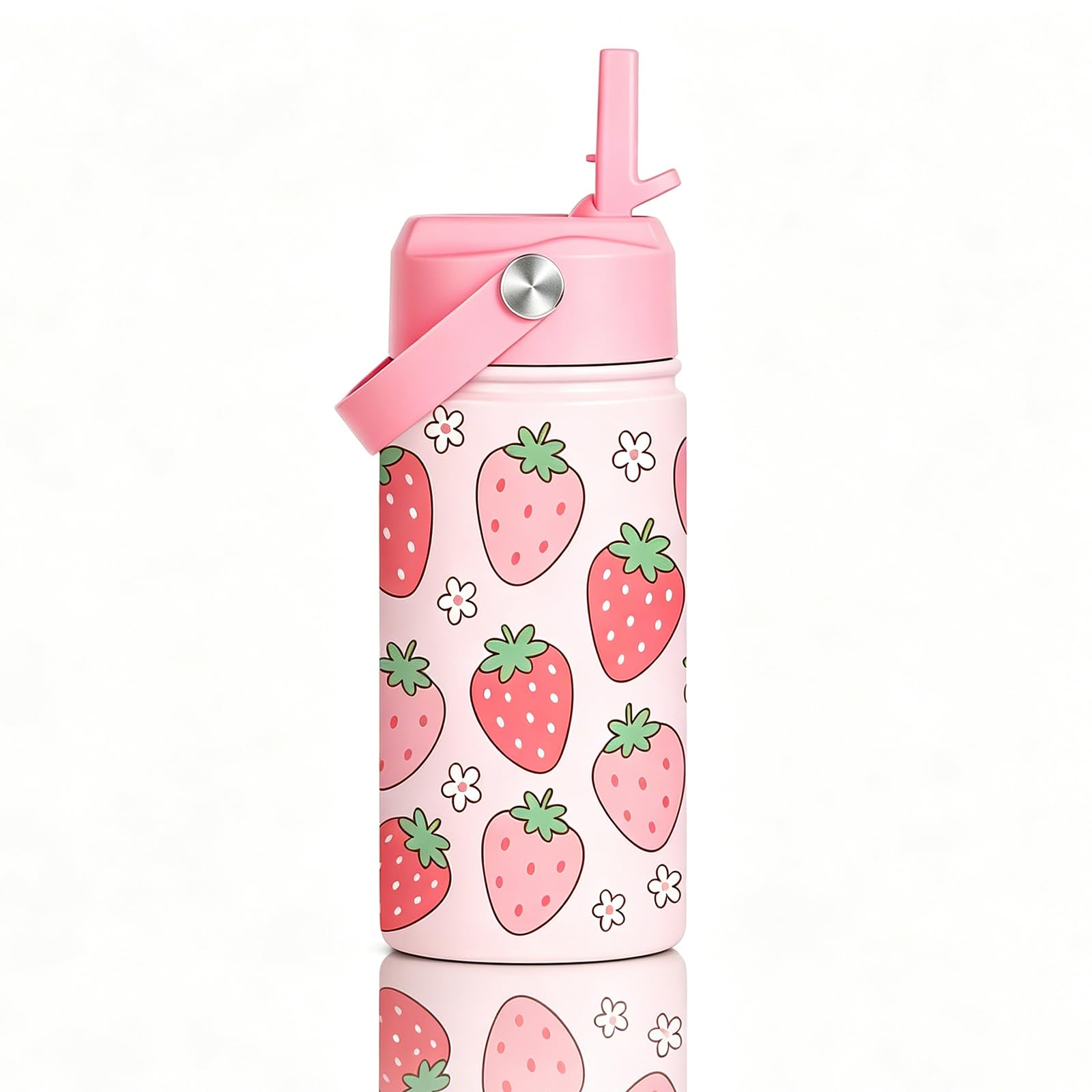 Clyrax 12 oz Kids Water Bottles With Straw and Handle, Kids Insulated School Water Bottle Girls, Leak Proof Childrens Sports Drinks Bottle for Backpack, Sports, Camping, Trip, Gift, Home(Strawberry)