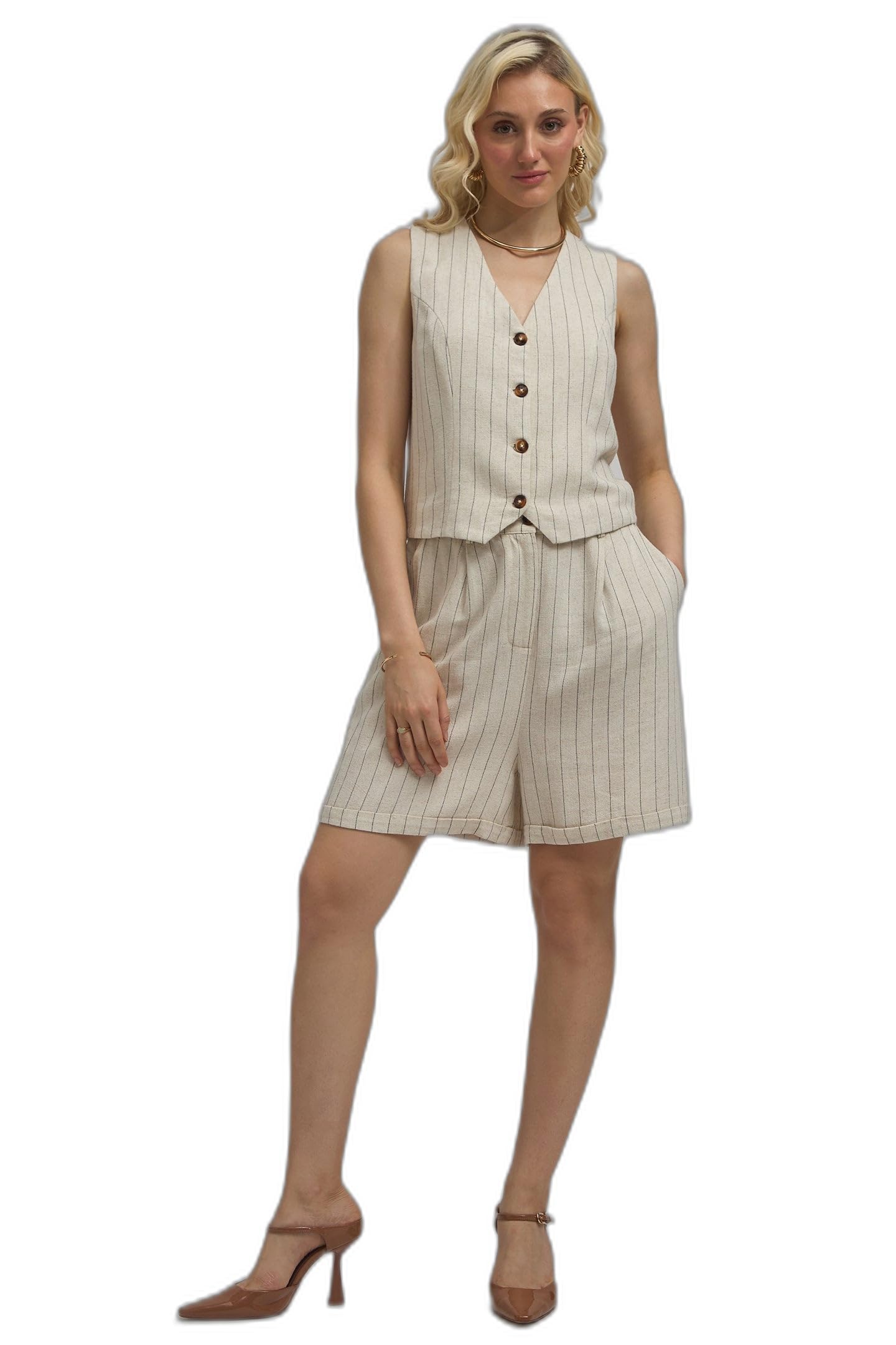 Women’s Pinstripe Knee Length Shorts | Linen Cotton Blend Regular Fit Shorts for Women with Functional Pockets & Structured Finish | Lightweight Summer Bottom Wear-image-13