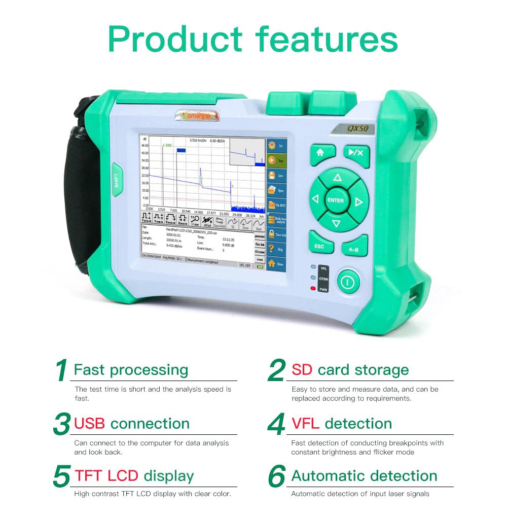 850/1300nm+1310/1550nm SM MM Fiber Optical OTDR Optical Time Domain Reflectometer Komshine QX50 5.7 Inch Cable Tester Optic Fiber OTDR Tester with FC Connector As Orientek TR600 OTDR