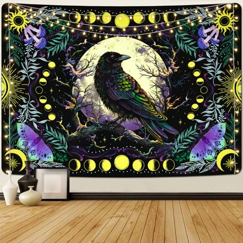 Krelymics Crow Tapestry Moon Mushroom Tapestries Aesthetic Moth Tapestry Sun Moon Tapestry Nature Tree Leaves Plant Tapestry Wall hanging for Bedroom(51.2 x 59.1 inches)