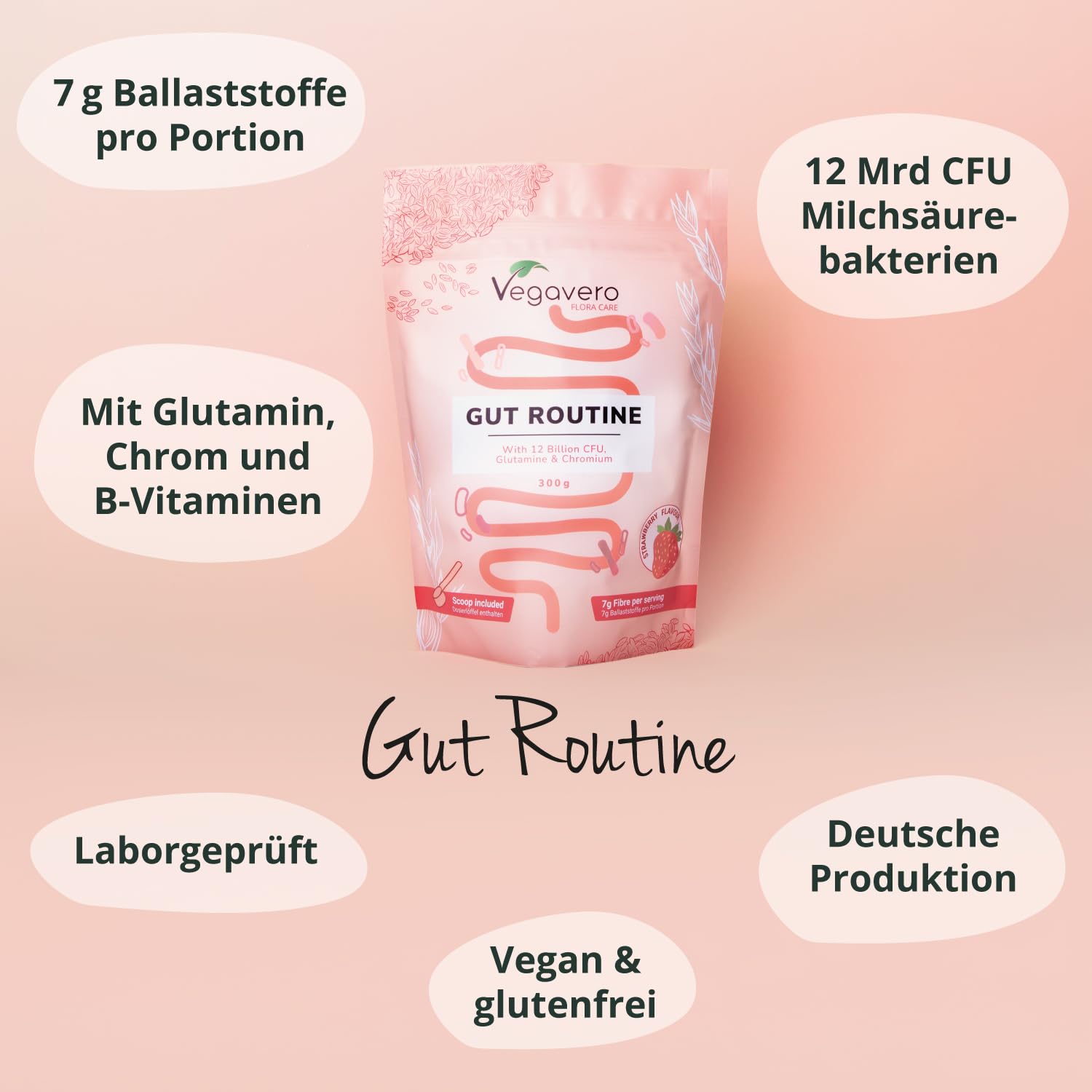 Vegavero Gut Routine – Ballaststoff Komplex & Probiotika Pulver 300g mit 12 Mrd. Kulturen, Glutamin & B-Vitaminen – Darmflora, Verdauung & Stoffwechsel – Vegan, glutenfrei, mit Erdbeergeschmack