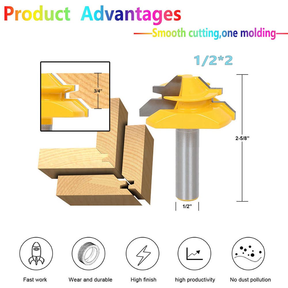 Milling Cutter,45 Degree Lock Miter Router Bit, 1/2 Inch Shank Stock Joint Milling Cutter, Tungsten Carbide Tenon Slotting Woodworking Tools, Cutting(3/4inch)