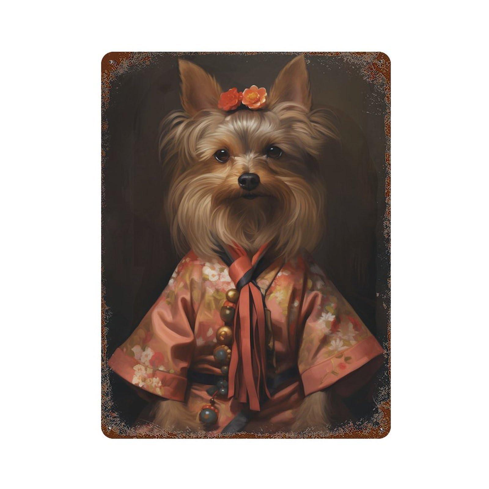 Aged Metal Wall Plaque with Yorkshire Dog In Kimono Design 15.7"x11.8", for Farmhouse, Kitchen And Entryway Decor, Old School Wall Decor