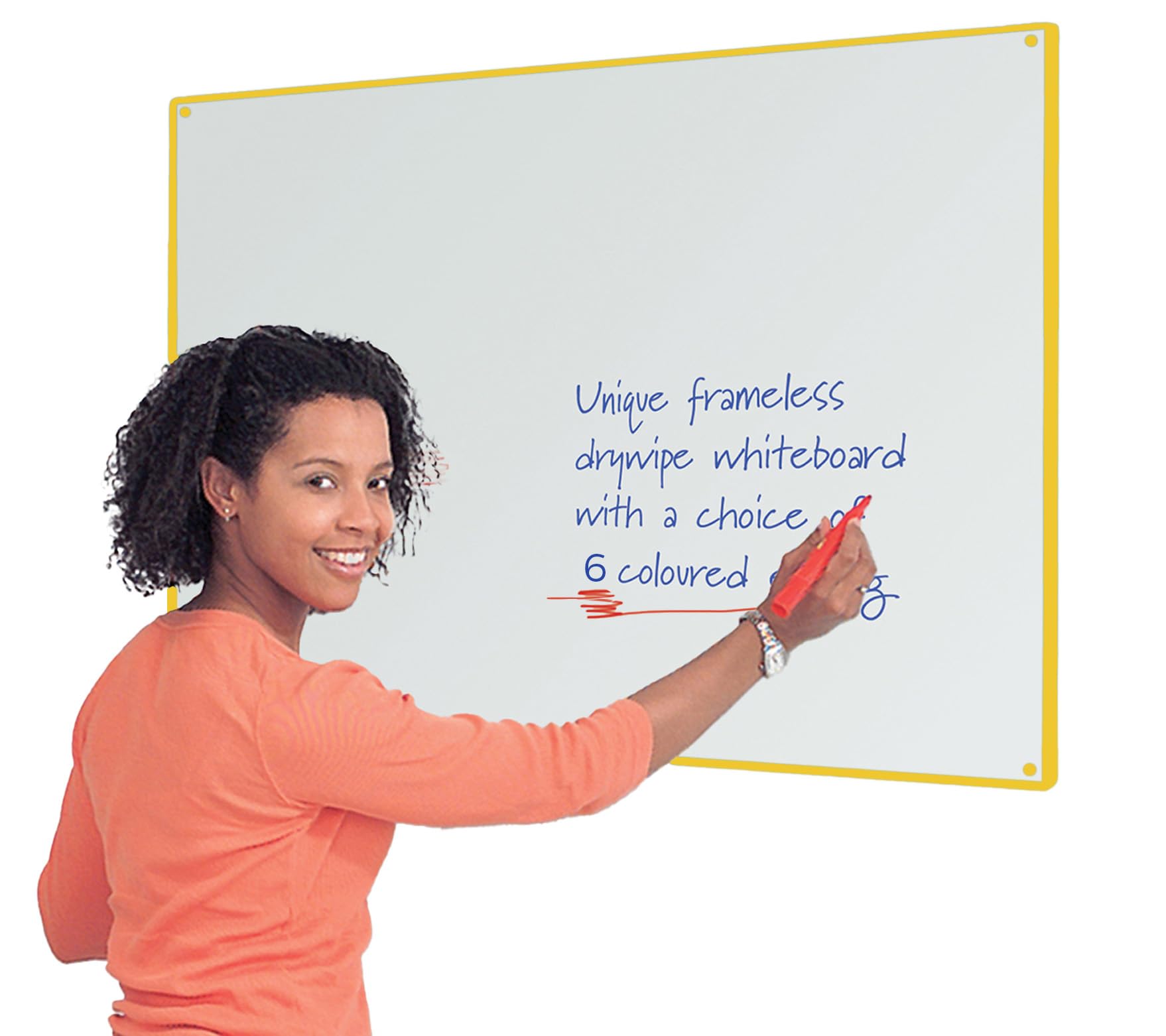 Wonderwall Frameless Dry-Wipe Whiteboard 90 x 60CM with Contoured Coloured Edging - 6 Colours Available, incl. (Yellow Trim) - Office, Home, School