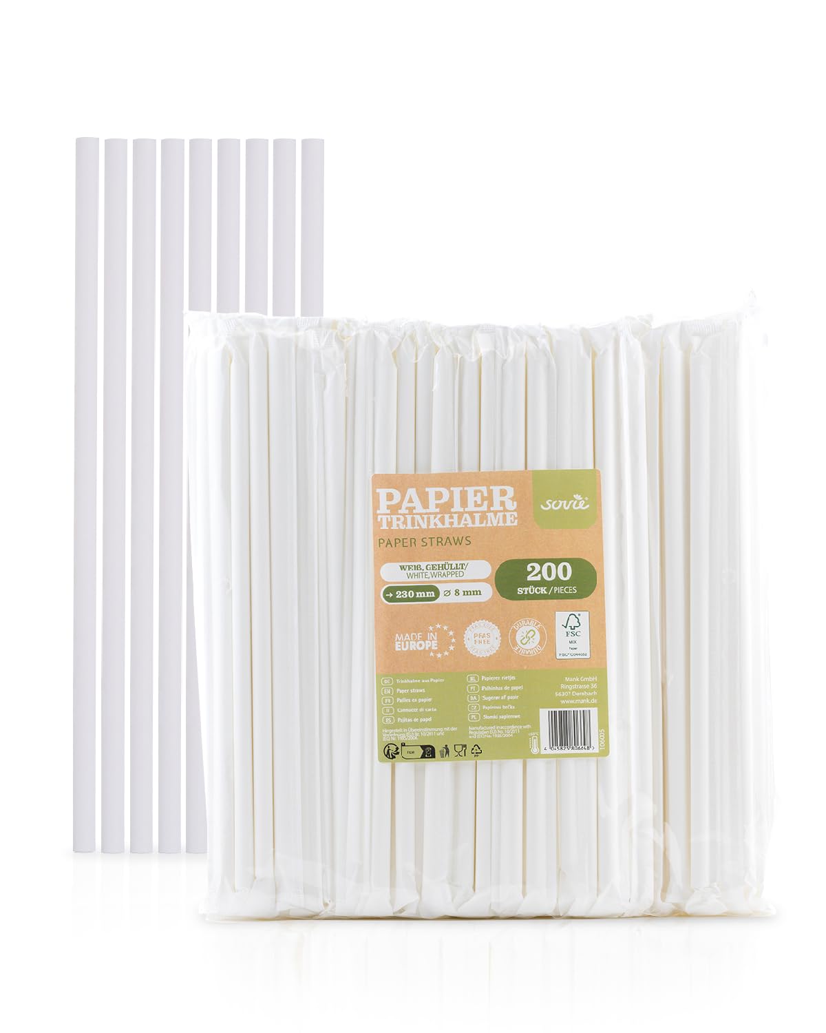 Sovie Strohhalme Papier Weiß Ø8 mm, 23 cm – 200 Stück, einzeln verpackt, plastikfrei, FSC-zertifiziert, biologisch abbaubar