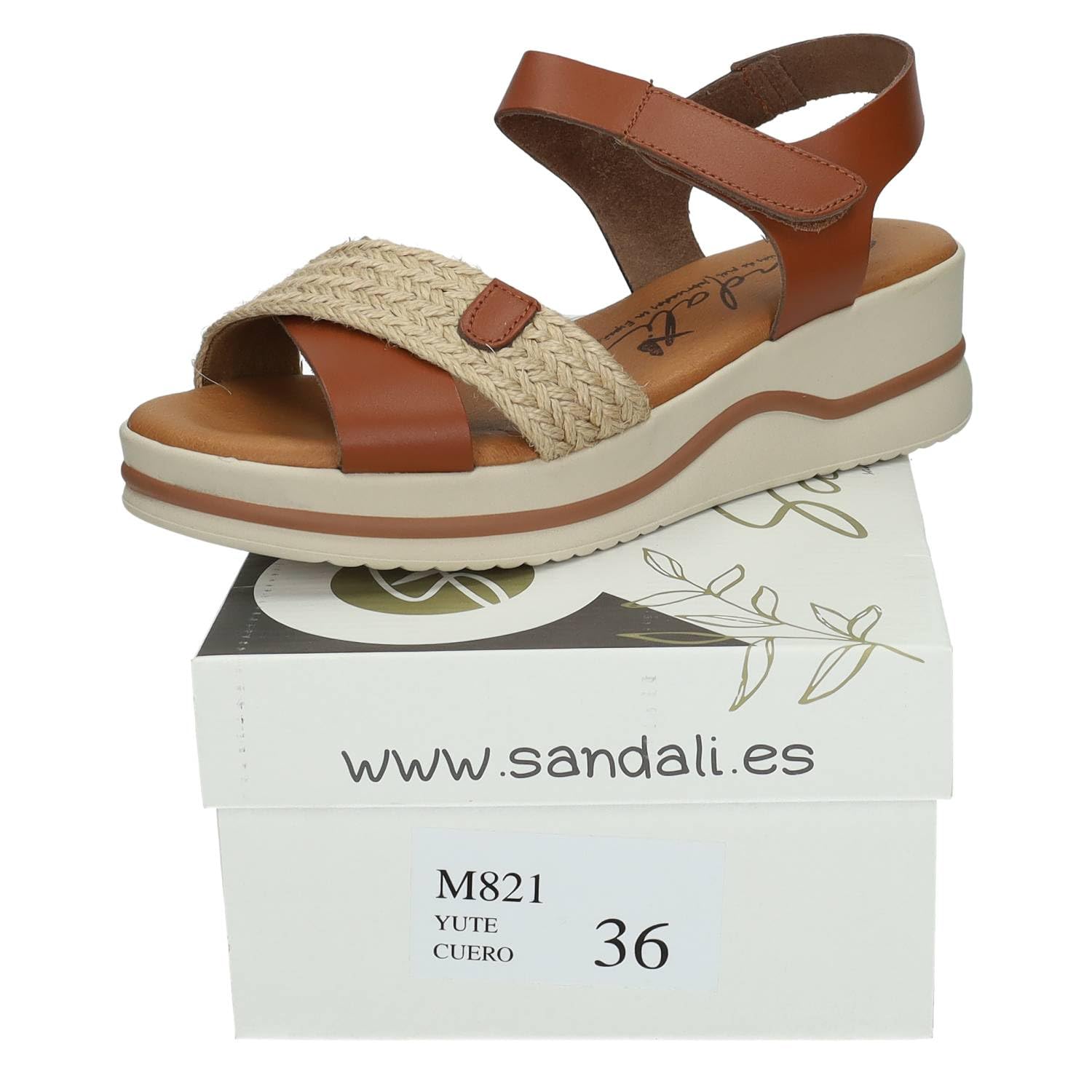 SANDALI M821 Piel Mujer Color Cuero con Plataforma Ligera y Detalle Trenzado Yute, Hechas en España Mujer