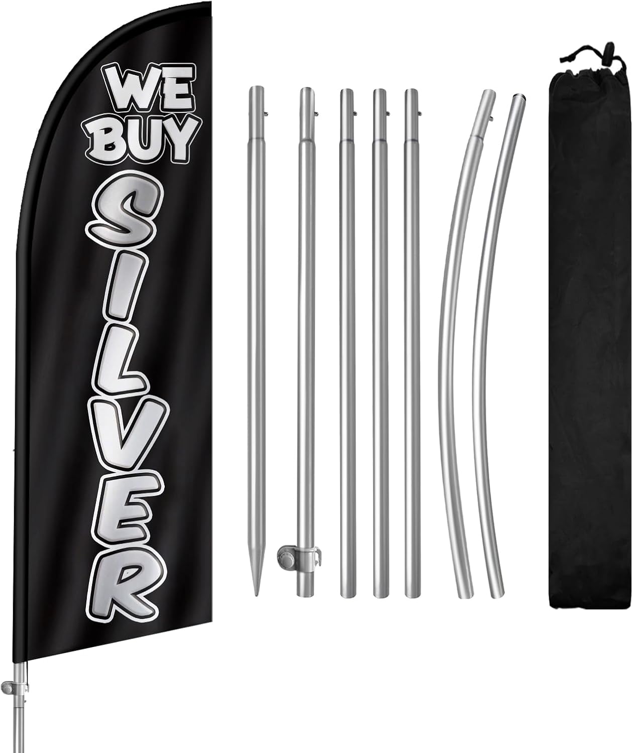 We Buy Silver Flag for Business, We Buy Silver Signs, 8FT Polyester Advertising Swooper Flag with Aluminium Alloy Flag Pole Kit, Stainless Steel, Ground Spike, Portable Bag