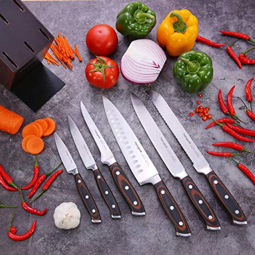 Kitchen Knife Set 7 Pieces with Oak Wooden Block and Ergonomic Pakkawood Handle, homgeek High Carbon 1.4116 Stainless Steel Professional Sharp Chef Knife Block Set Forged, Full-Tang Design