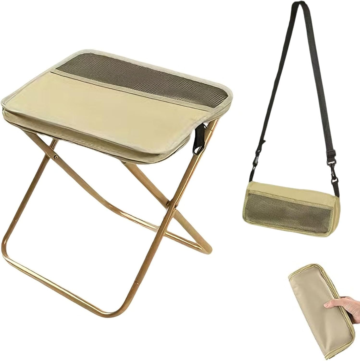 Collapsible Stool Folding Stool for Adults, Foldable Backpack Stool Portable Chair Heavy Duty Compact Travel Camping Stool with Storage Pocket, Portable Folding Seat for Fishing Hiking (Khaki, Small)