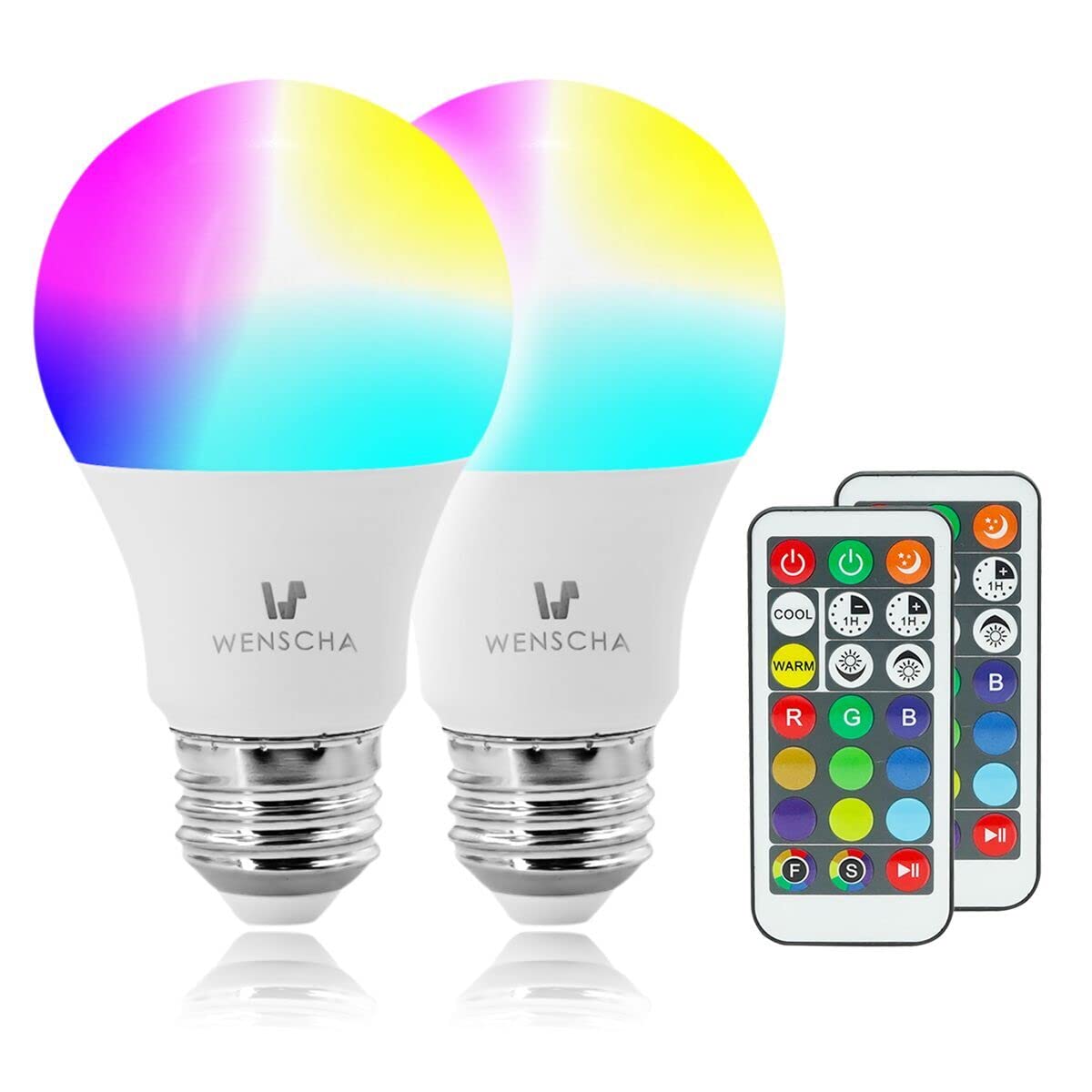 Wenscha E27 RGB Led Light Bulbs A60 Dimmable 6W(60W Equivalent) 400LM Color Changing with Remote Control 2 Pack