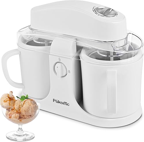 Pukomc Máquina para hacer helados para uso doméstico, con dos cuencos de helado, operación simple y fácil de limpiar, color blanco
