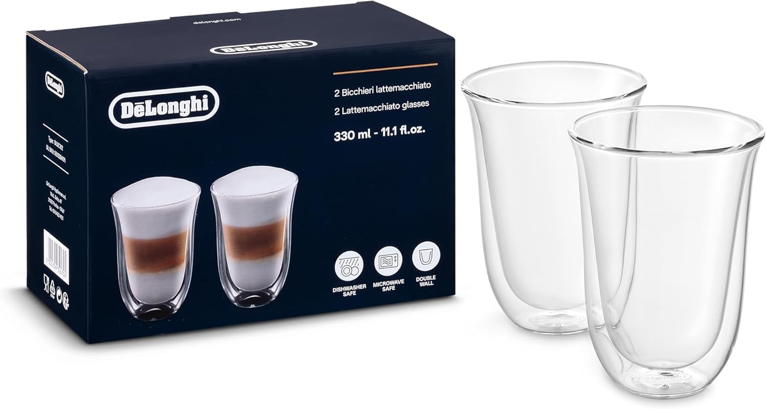 De'Longhi Double Wall Macchiato Cups Set of 2 – 11 fl oz Hand-Made Thermal Glasses, Insulated, Dishwasher Safe, Ideal for Latte & Hot or Cold Drinks, DLSC312