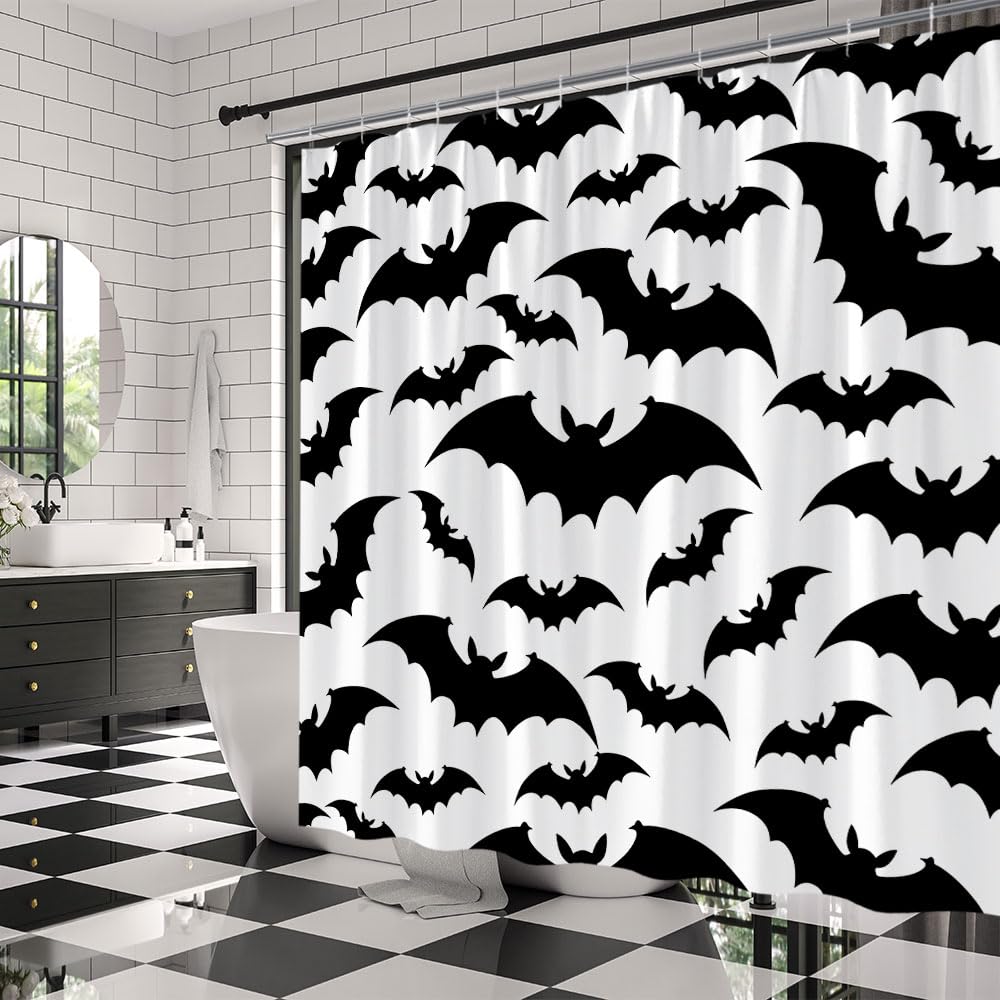 Cortina De Ducha De Halloween Con Murciélagos - 180x180 Cm - Tela Impermeable De Poliéster - Incluye 12 Ganchos - Lavable A Máquina - Decoración Terrorífica Para El Baño