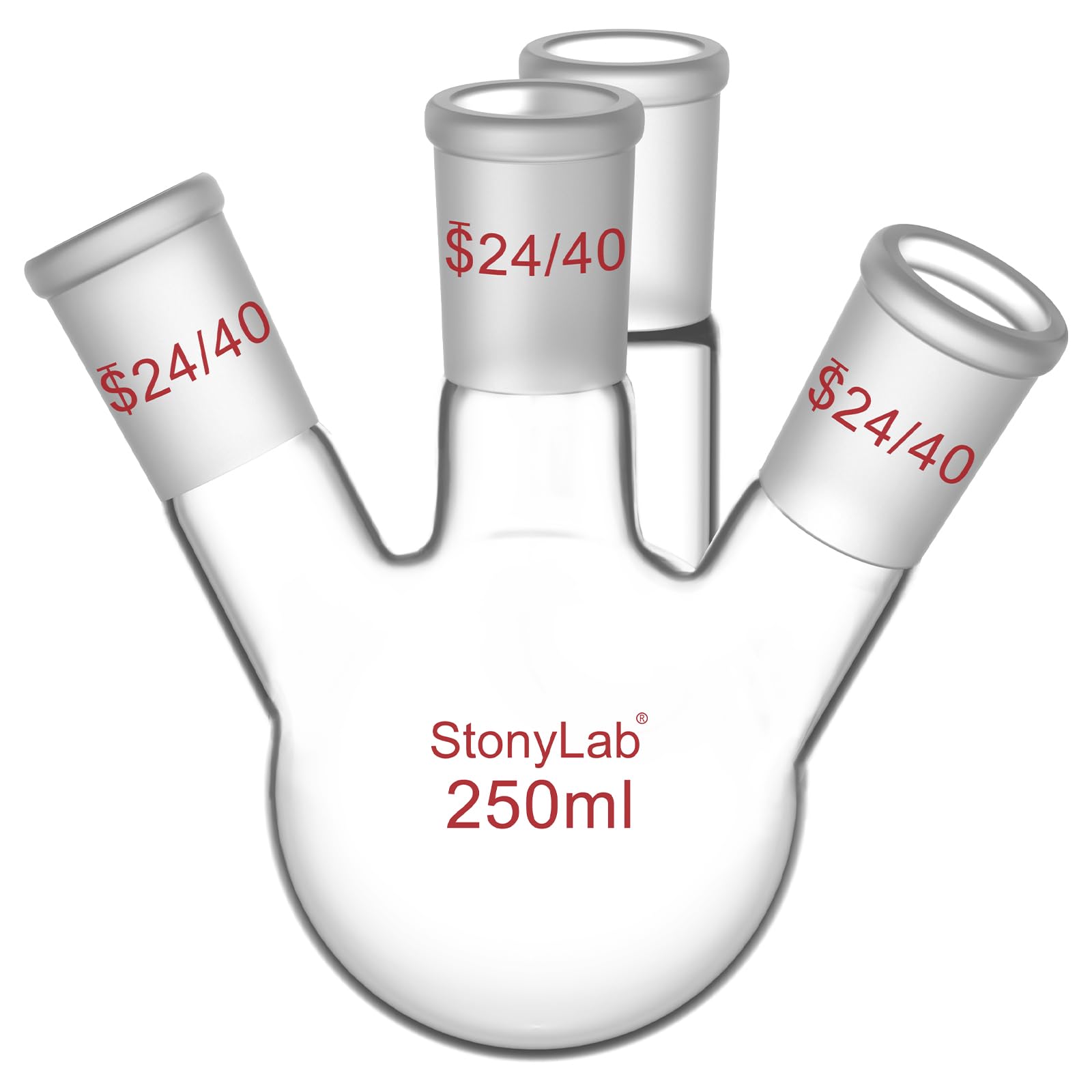 stonylab 4 Neck Round Bottom Flask RBF, Heavy Wall 4 Neck Lab Flask Borosilicate Glass Round Bottom Boiling Flask, 24/40 Standard Conical Outer Joint, 250ml