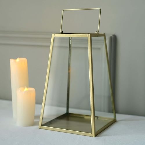 Miniatura 6 de Efavormart - Farol trapezoidal dorado de 10 pulgadas para velas, terrario colgante geométrico, centro de mesa, linterna para macetas interiores y