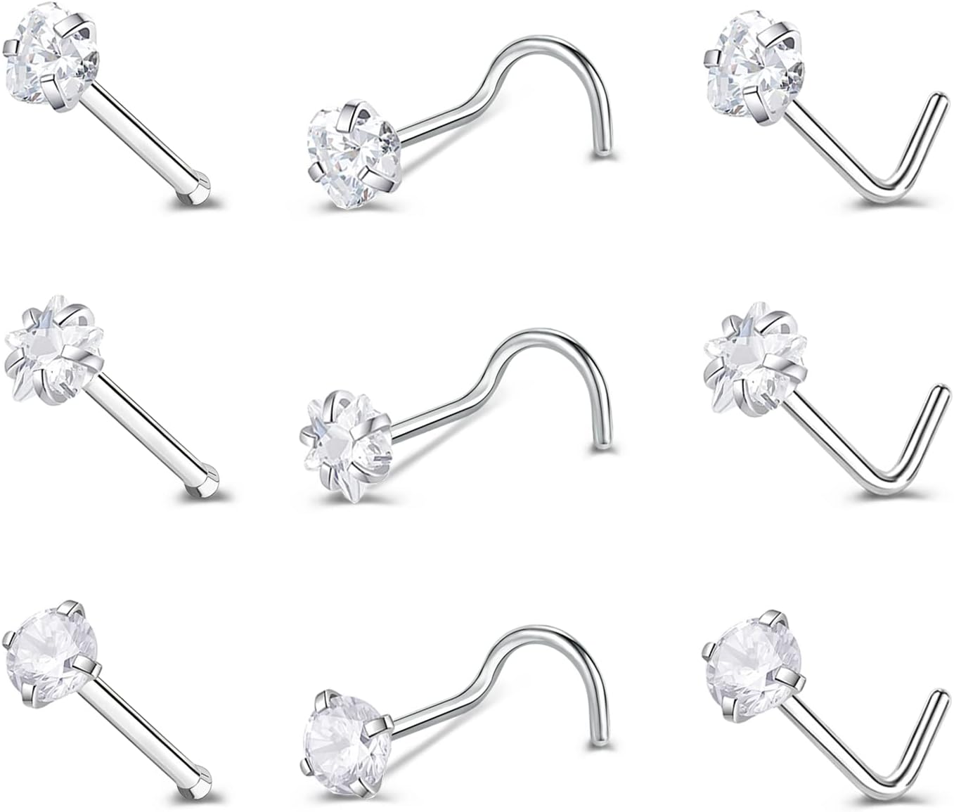 ZS 9-12PCS 20g Surgical Stainless Steel Nose Stud Ring Piercing Nose Bone/L Shaped/Nose Screws Rings Set