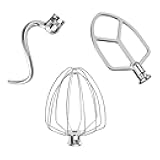 Stainless Steel Attachments 3-Piece for KitchenAid 5.5-6 QT Bowl-Lift Stand Mixer and Mixing Bowl,Includes Wire Whisk, Flat Beater, Dough Hook,Dishwasher Safe and Heavy Duty