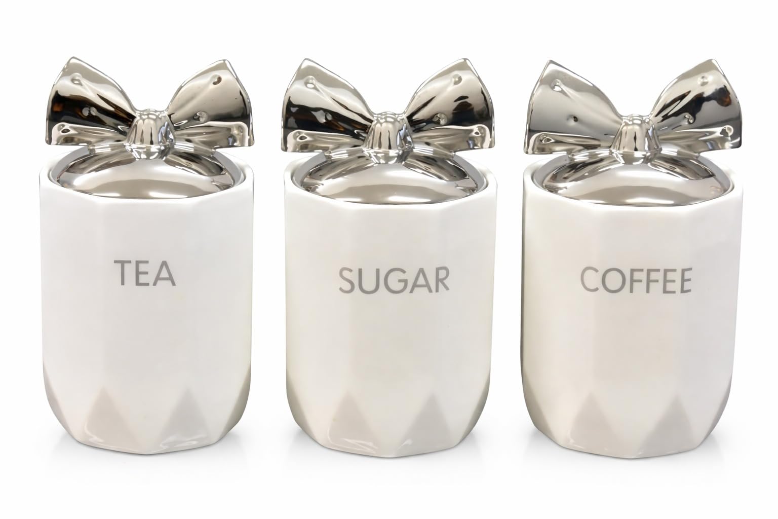 Kitchen Storage Jars, Ceramic Tea Coffee Sugar Canisters with Silver Bow Lid, 15 x 11 cm, 3-Piece Set (White)