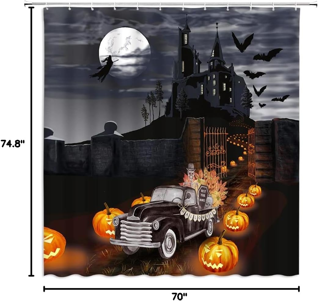 Halloween Shower Curtain Scary Castle Pumpkin Truck Skull Horror Bat Full Moon Witch Gothic Fabric Bathroom Decor Set with Hooks(70" Wx78 H)