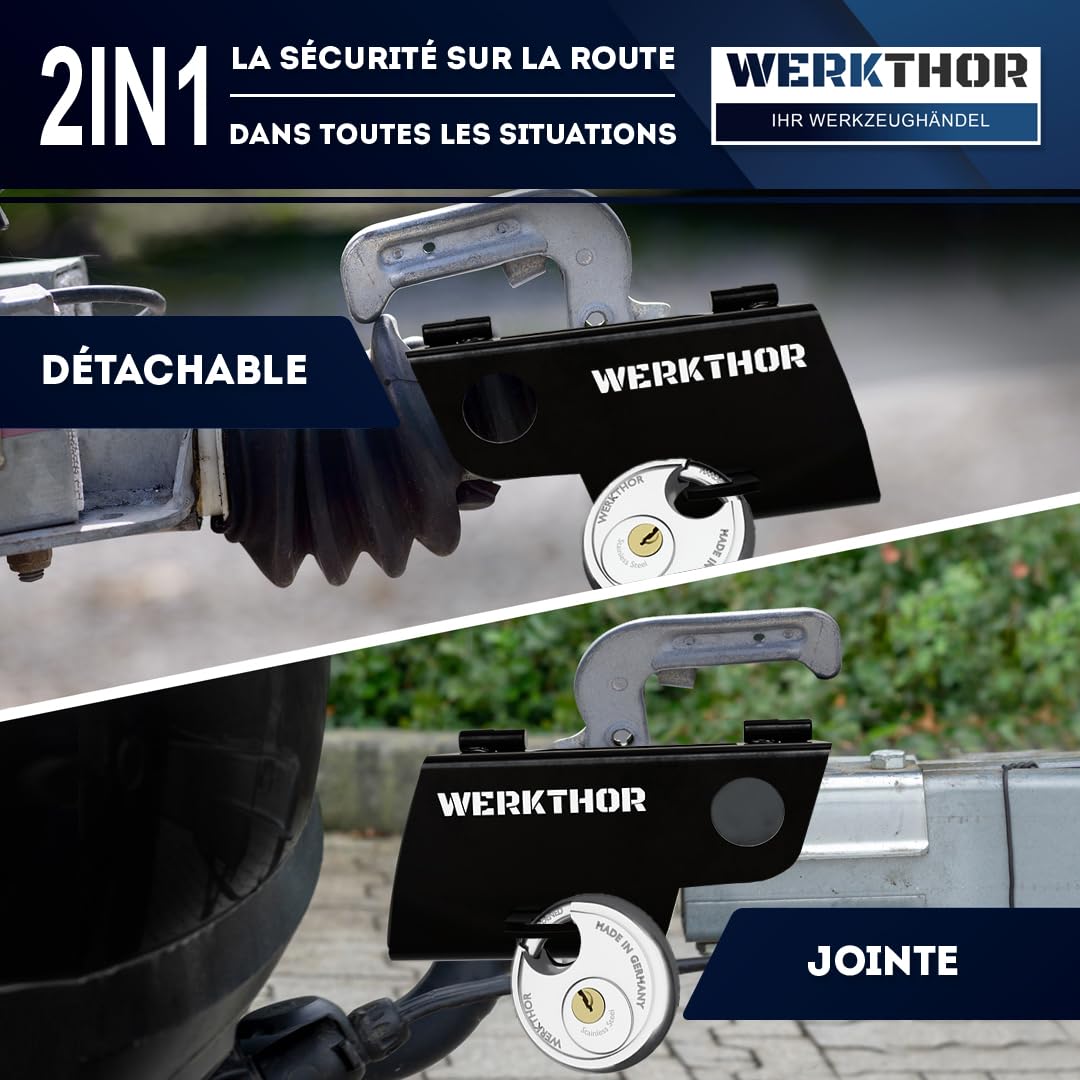 Serrure de Remorque WERKTHOR - Serrure Universelle pour Boîte de Remorque - Protection Contre Le vol pour Remorque Attelée et Dételée - Serrure de Remorque en Acier Inoxydable - Serrure à clé
